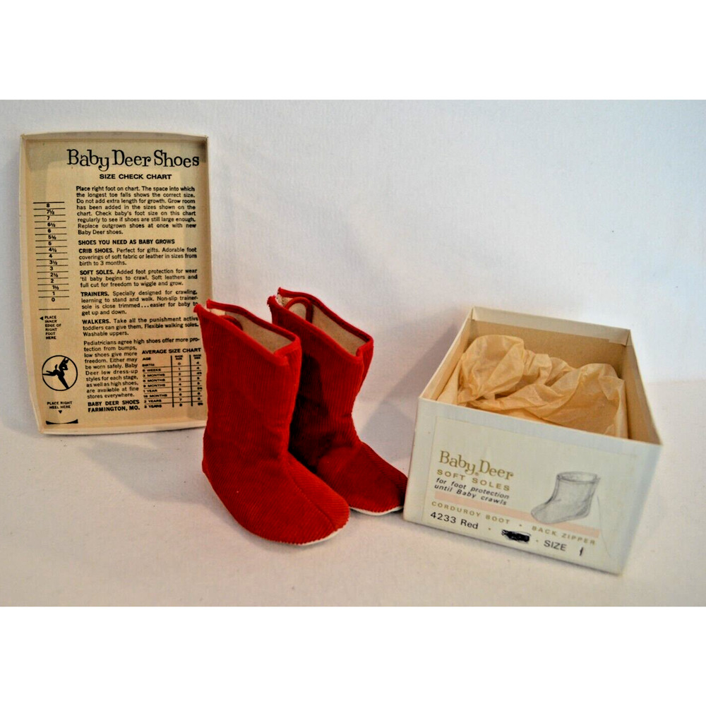 Vintage 60s Baby Deer Shoes Infant Red Corduroy‎ Boots Size 1 Birth - 6 Weeks